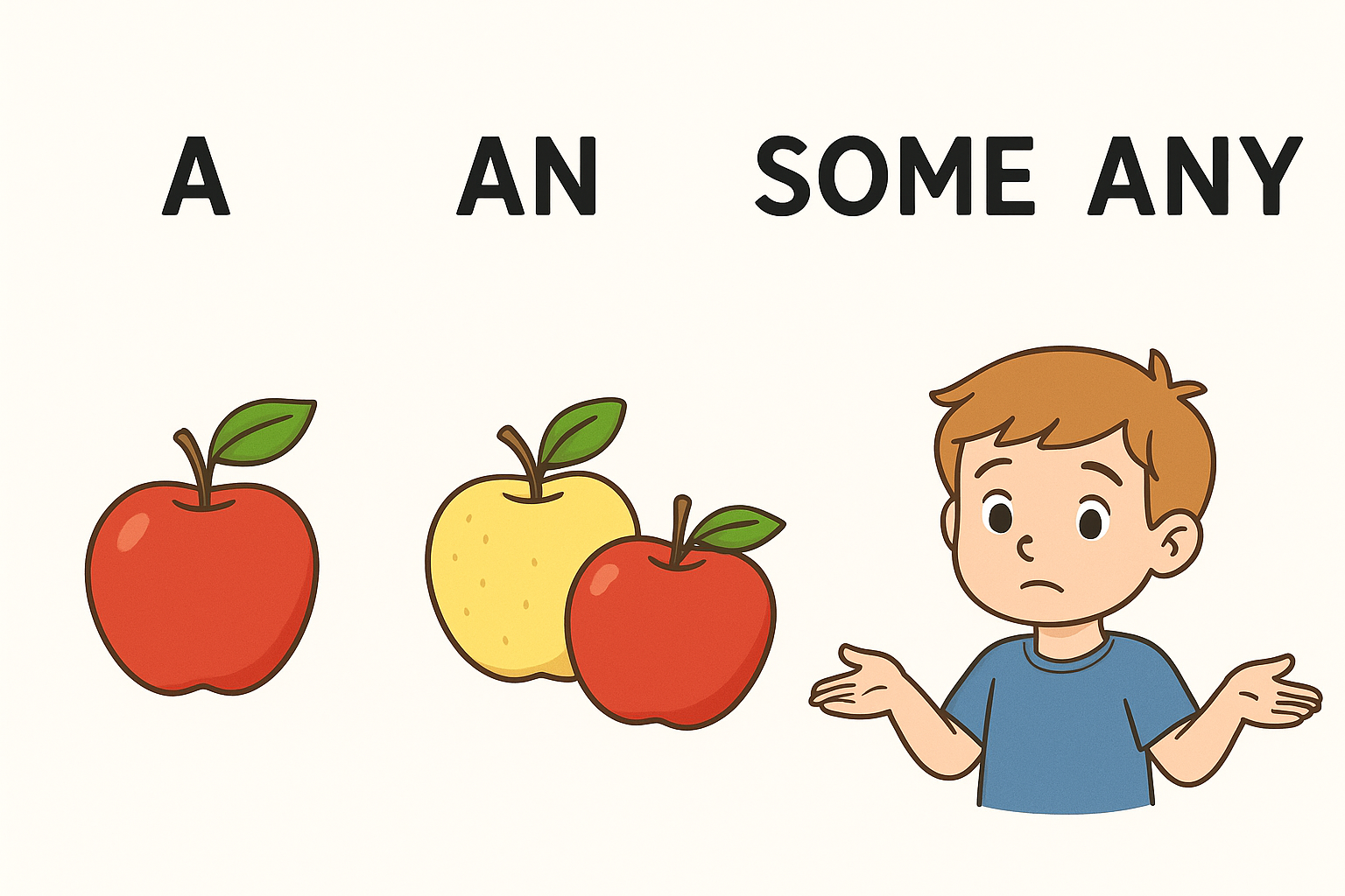 איור קטן ופשוט ללימוד ARTICLES באנגלית המציג את ההבדלים בין A, AN, SOME ו-ANY באמצעות תפוחים וילד עם סימן שאלה.